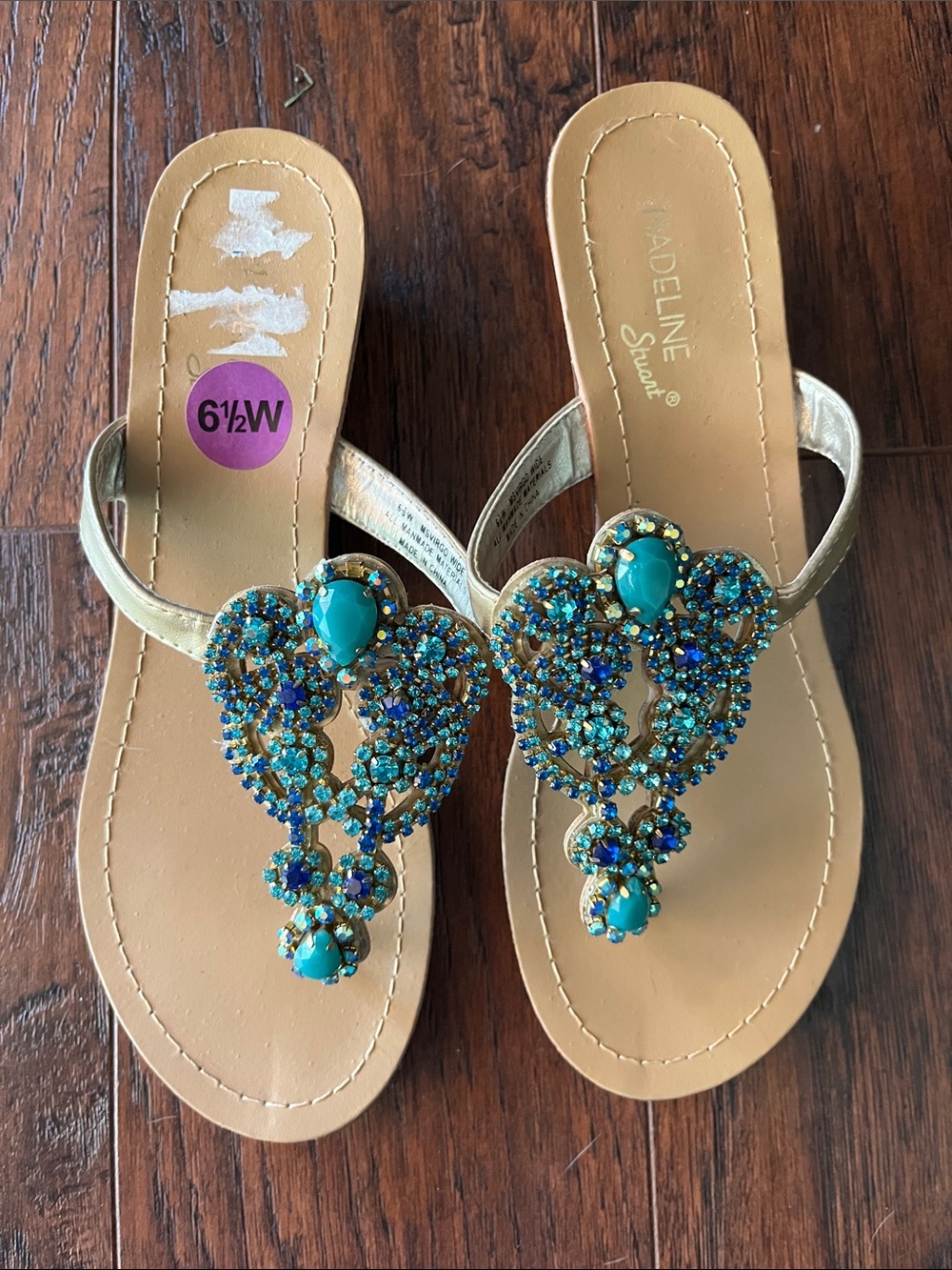 Madeline Stuart Gold Sandals with Teal and Blue Jewel Accents